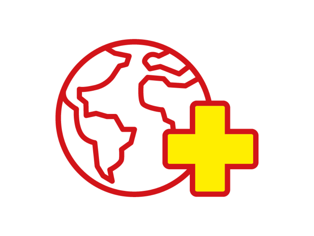ASB-Icon Auslandshilfe : Globus mit Erste-Hilfe Kreuz, Hilfe weltweit.