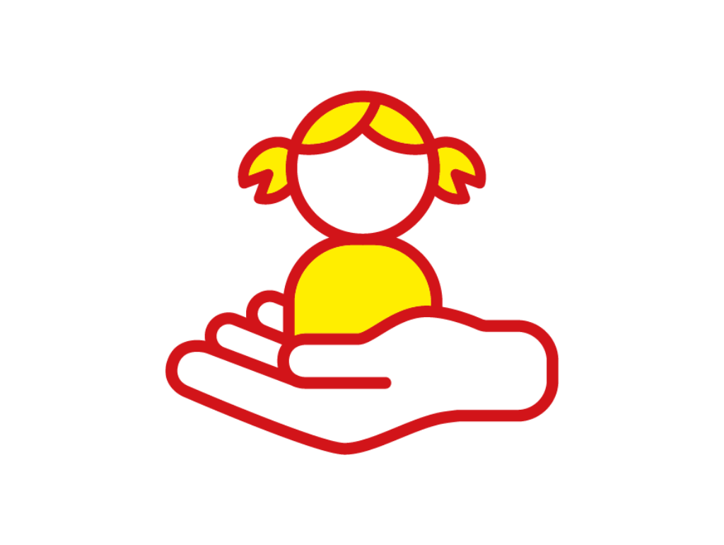 ASB-Icon Kinderhilfe, Jugendhilfe, Familienhilfe. Ein Kind wird auf einer Hand getragen.